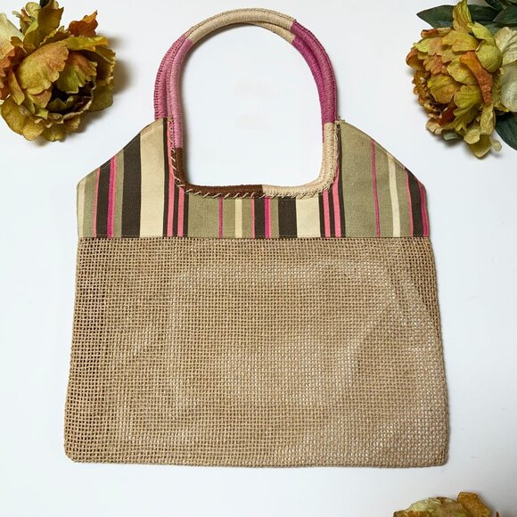 SKONDRAS Natural Woven Straw and Colorful Striped Fabric Tote Bag - Picture 1 of 9